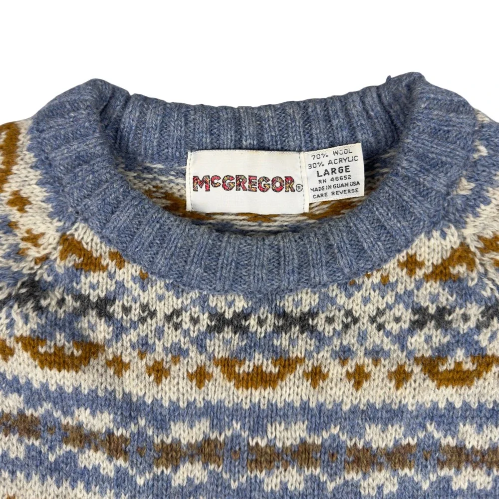 Vtg 70s McGregor Fair Isle Wool Blend Sweater Men's Large Blue Made USA Guam